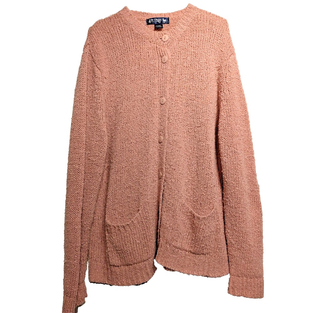 Vtg Le Chois Sweater Womens L Rose Pnk Button Front Cardigan Two Pockets Acrylic